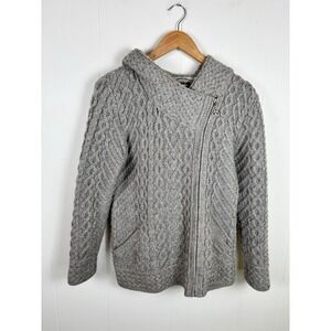 Aran Crafts Sz Small Gray Cable Knit Hooded Cardigan Sweater 100% Merino Wool